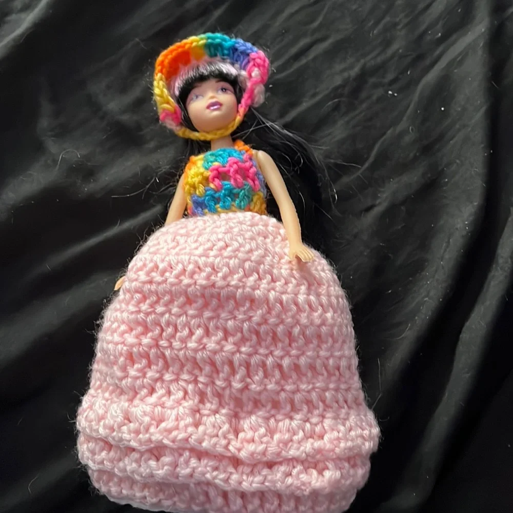 Hand Crafted Pink & Rainbow Toilet Paper Cover Asian Doll Retro Collectible